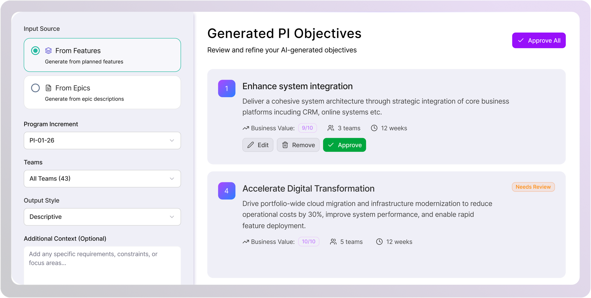 Kendis AI objectives creation dashboard displaying AI generated PI objectives, with input source from features
