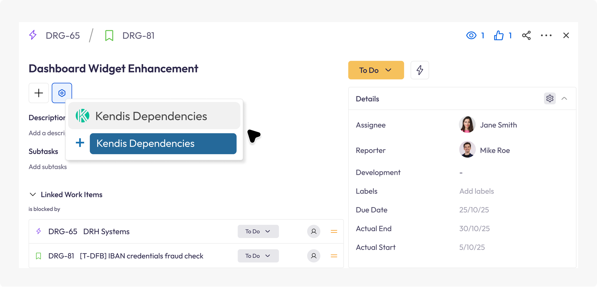 Jira task dashboard displaying a widget pop-up for cross-team Kendis dependencies 