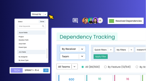 Updated Kendis Dependency Tracking dashboard, featuring enhanced filtering, grouping options, and dependency metrics.